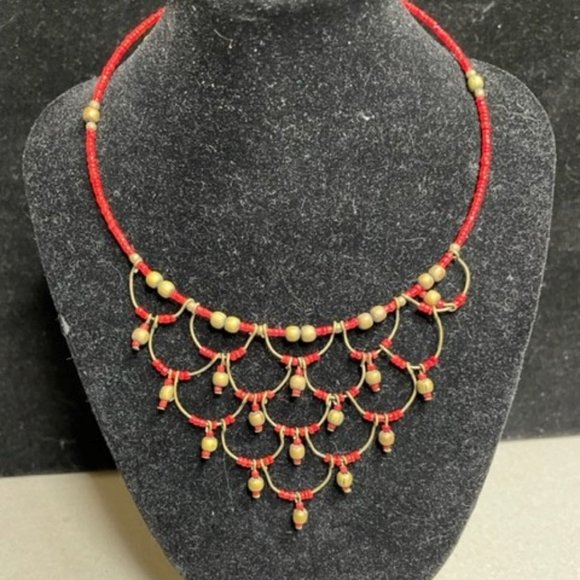 Gorgeous European Indian Style Collar Necklace in red and gold beads - Picture 1 of 5